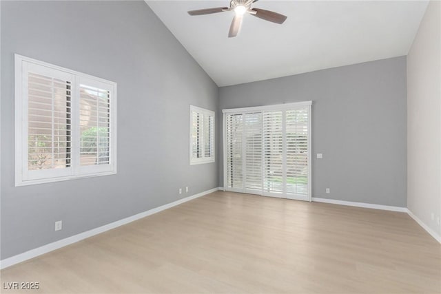 3246 Brookfield Dr, Las Vegas, NV 89120 - spare room featuring light wood finished floors, a ceiling fan, baseboards, and high vaulted ceiling