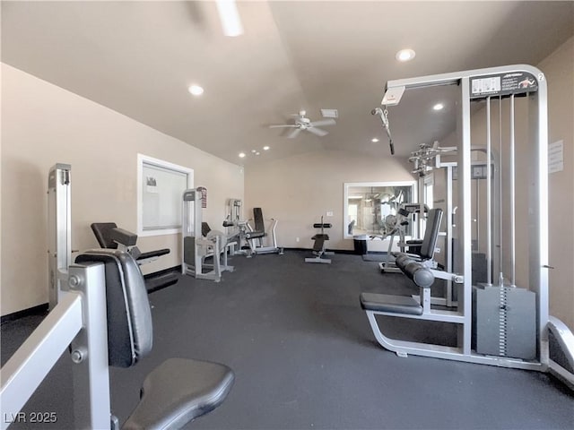 exercise room featuring a ceiling fan, recessed lighting, and lofted ceiling