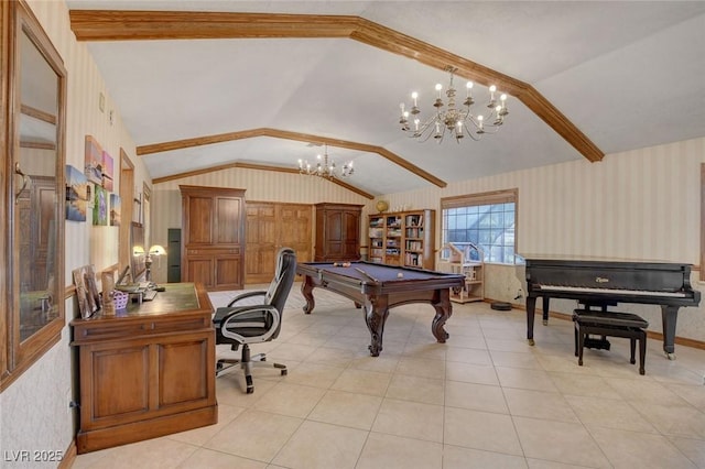 1700 Red Rock St, Las Vegas, NV 89146 - recreation room with vaulted ceiling, a chandelier, wallpapered walls, billiards, and light tile patterned flooring