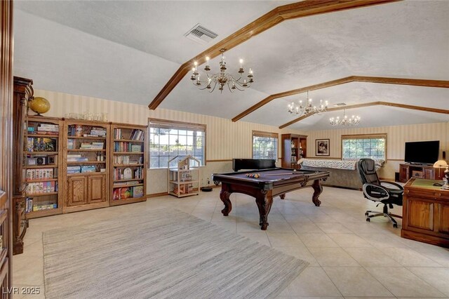 1700 Red Rock St, Las Vegas, NV 89146 - playroom featuring wallpapered walls, lofted ceiling, a chandelier, billiards table, and healthy amount of natural light