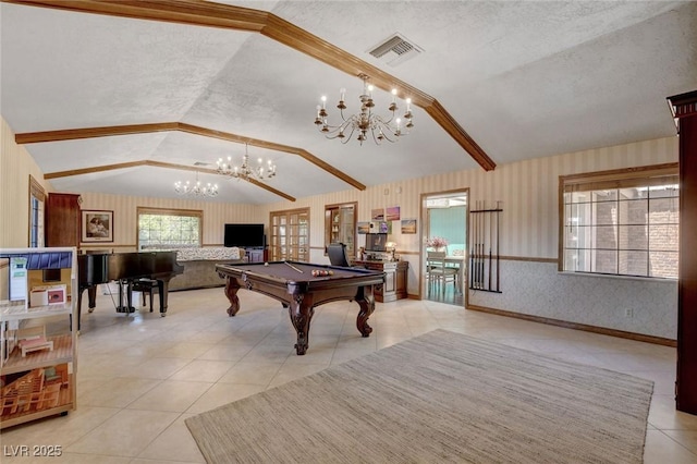 1700 Red Rock St, Las Vegas, NV 89146 - rec room with wallpapered walls, lofted ceiling, a chandelier, billiards, and light tile patterned flooring