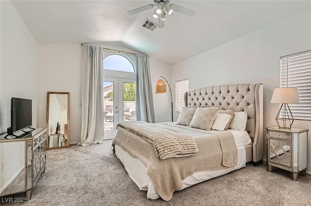 2470 Lower Meadows Ave, Henderson, NV 89052 - bedroom with vaulted ceiling, access to outside, carpet flooring, french doors, and ceiling fan