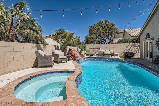 2470 Lower Meadows Ave, Henderson, NV 89052 - view of swimming pool featuring french doors, an outdoor living space, a fenced backyard, and a patio