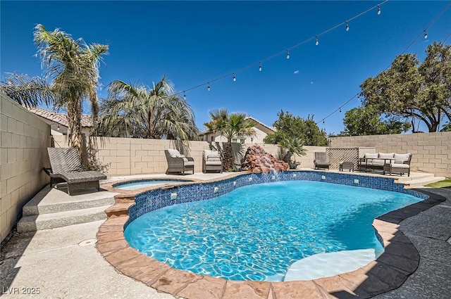 2470 Lower Meadows Ave, Henderson, NV 89052 - view of swimming pool featuring outdoor lounge area, a fenced backyard, a patio area, and a pool with connected hot tub