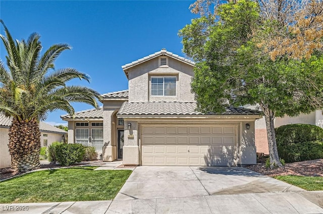 2470 Lower Meadows Ave, Henderson, NV 89052 - view of front of house with concrete driveway, stucco siding, an attached garage, and a tile roof
