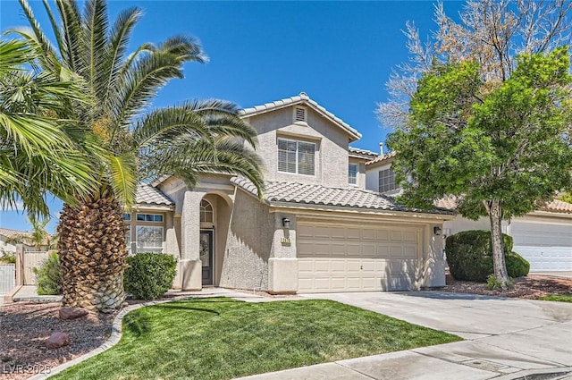 2470 Lower Meadows Ave, Henderson, NV 89052 - mediterranean / spanish-style home featuring stucco siding, driveway, and a tile roof