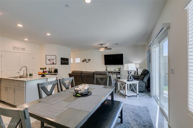 dining area featuring recessed lighting, light tile patterned floors, and ceiling fan