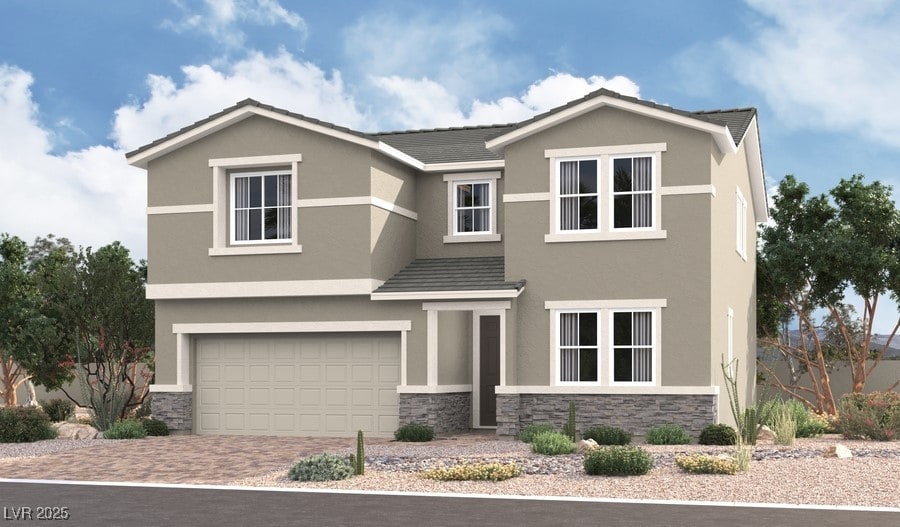 view of front facade featuring stone siding, stucco siding, and an attached garage