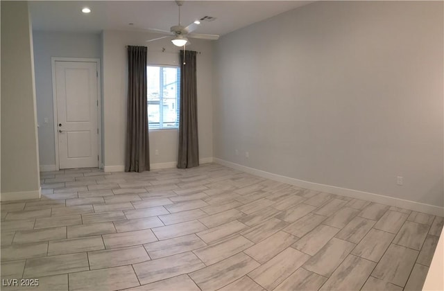 empty room with a ceiling fan, recessed lighting, baseboards, and visible vents