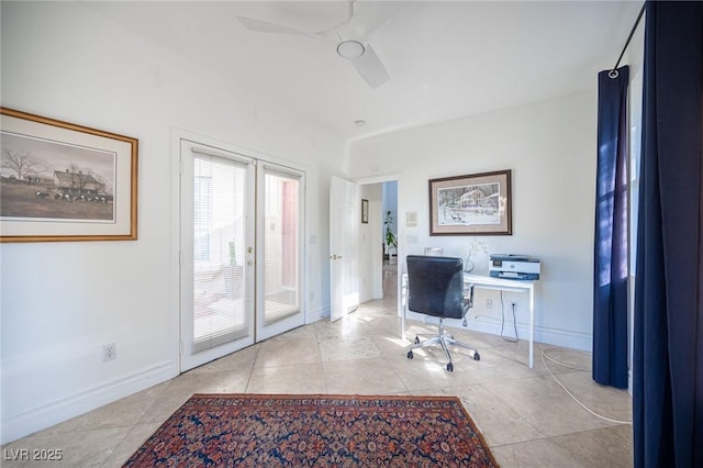 tiled office space featuring ceiling fan, baseboards, and french doors