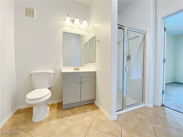 full bathroom featuring tile patterned floors, a stall shower, vanity, and toilet