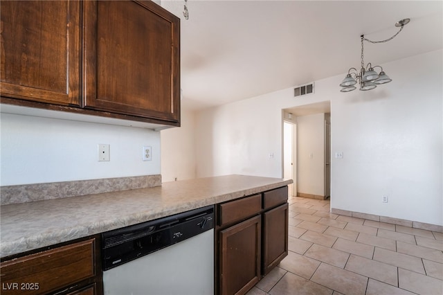 5655 E Sahara Ave Unit 1037, Las Vegas, NV 89142 - kitchen featuring white dishwasher, a chandelier, dark brown cabinetry, pendant lighting, and light tile patterned floors