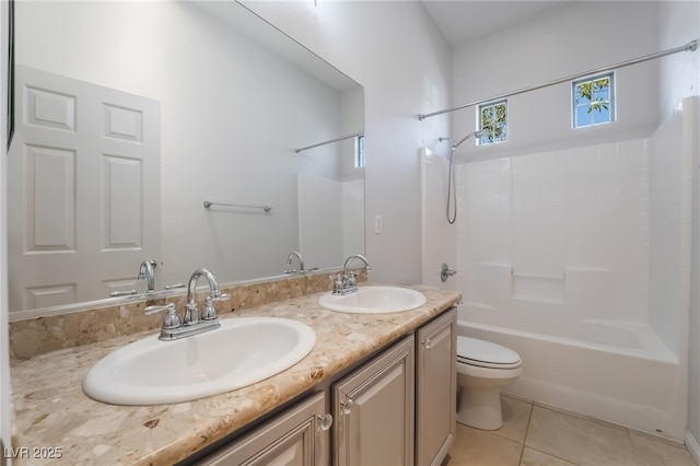 full bathroom featuring tub / shower combination, tile patterned floors, double vanity, and toilet