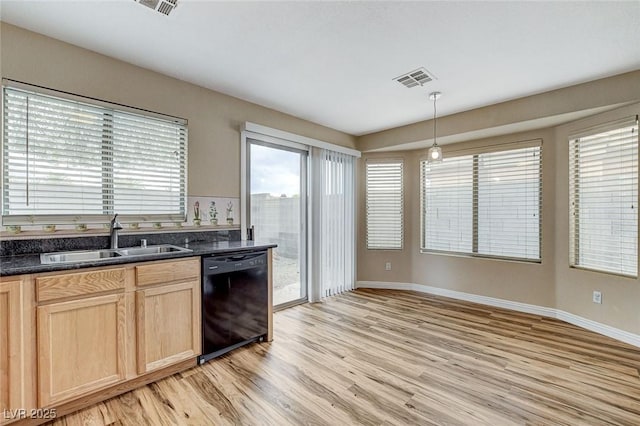 7949 Long Beach St, Las Vegas, NV 89139 - kitchen with a sink, dishwasher, light brown cabinetry, light wood-style flooring, and baseboards