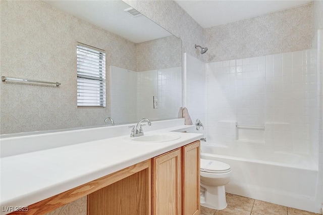 7949 Long Beach St, Las Vegas, NV 89139 - full bath featuring toilet, vanity, shower / tub combination, tile patterned floors, and wallpapered walls