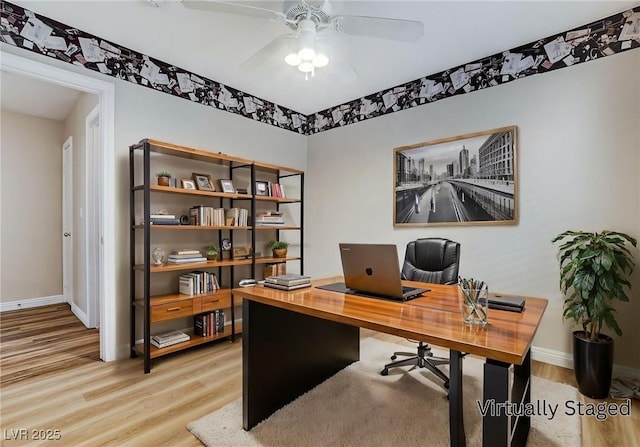 7949 Long Beach St, Las Vegas, NV 89139 - office area with light wood finished floors, baseboards, and a ceiling fan