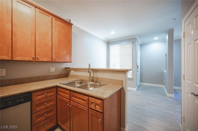 4400 S Jones Blvd Unit 2075, Las Vegas, NV 89103 - kitchen featuring stainless steel dishwasher, a sink, a peninsula, ornamental molding, and light wood finished floors