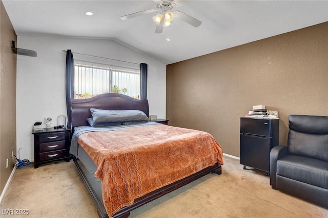 bedroom featuring lofted ceiling, light colored carpet, ceiling fan, baseboards, and recessed lighting