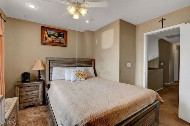carpeted bedroom featuring recessed lighting and ceiling fan
