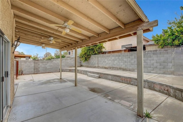 view of patio featuring ceiling fan and a fenced backyard