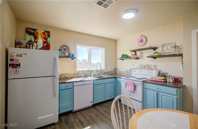 533 Date St, Boulder City, NV 89005 - kitchen featuring white appliances, a sink, blue cabinetry, open shelves, and dark wood-style flooring