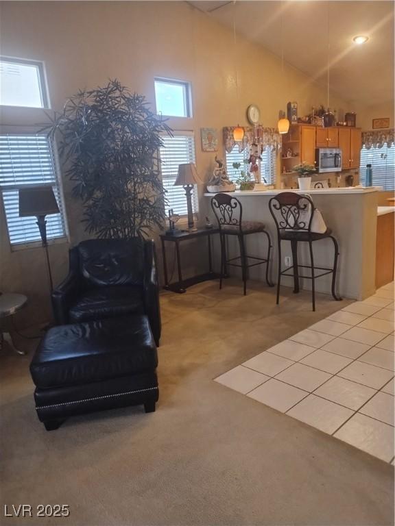 living room with light carpet and high vaulted ceiling