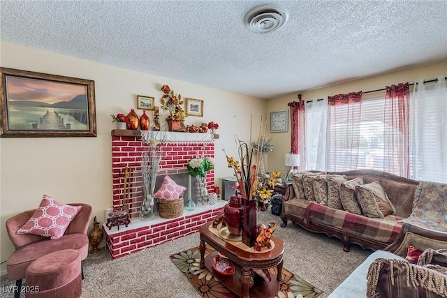 604 N Torrey Pines Dr, Las Vegas, NV 89107 - living area featuring carpet floors, a textured ceiling, and a brick fireplace