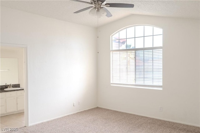 unfurnished room featuring a sink, healthy amount of natural light, a textured ceiling, ceiling fan, and light carpet