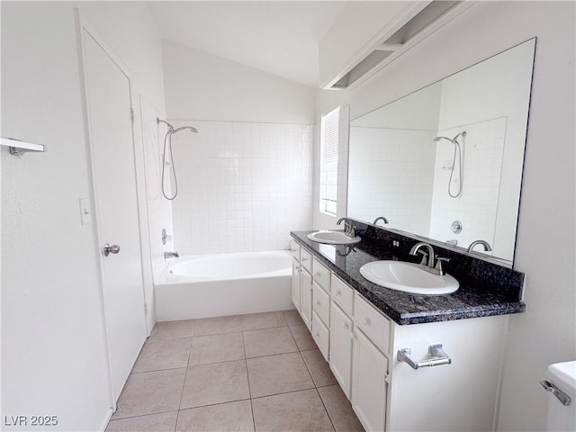 bathroom with shower / washtub combination, tile patterned floors, double vanity, lofted ceiling, and toilet