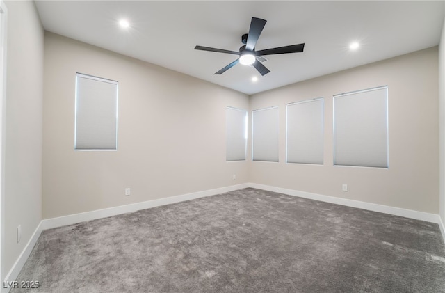 carpeted empty room with a ceiling fan, recessed lighting, and baseboards