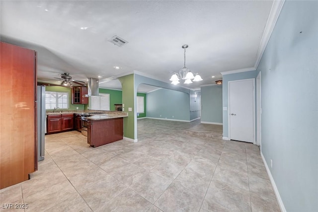 632 Arrayo Way, Boulder City, NV 89005 - kitchen featuring ornamental molding, island range hood, a chandelier, a ceiling fan, and baseboards
