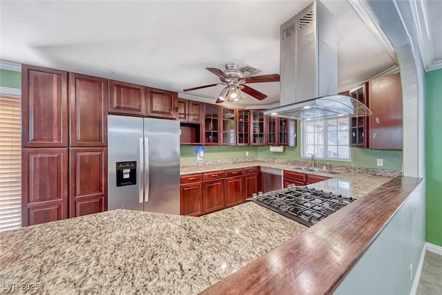 632 Arrayo Way, Boulder City, NV 89005 - kitchen featuring stainless steel appliances, island range hood, a sink, ceiling fan, and glass insert cabinets