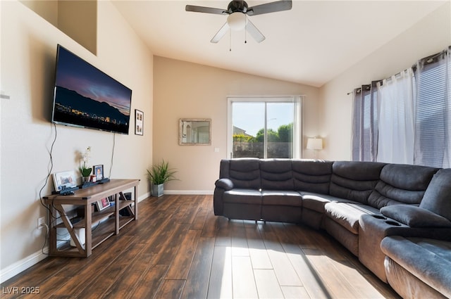 3839 Dusty Glen Ct, North Las Vegas, NV 89032 - living room with wood finished floors, vaulted ceiling, a ceiling fan, and baseboards