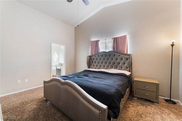 3839 Dusty Glen Ct, North Las Vegas, NV 89032 - bedroom with carpet, lofted ceiling, baseboards, connected bathroom, and ceiling fan