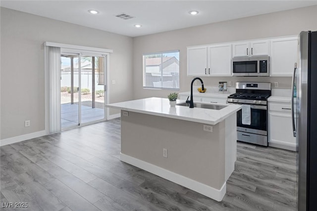 kitchen featuring appliances with stainless steel finishes, a sink, white cabinetry, light wood finished floors, and a center island with sink