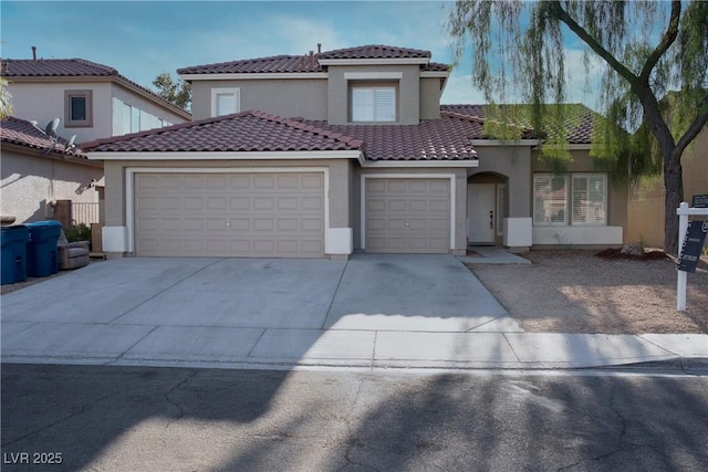 8355 Cabin Peak St, Las Vegas, NV 89123 - mediterranean / spanish house featuring an attached garage, driveway, stucco siding, and a tile roof