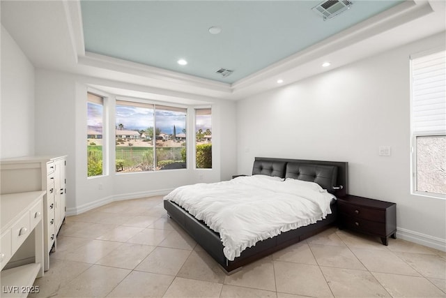 5067 Pensier St, Las Vegas, NV 89135 - bedroom with a tray ceiling, recessed lighting, and light tile patterned flooring
