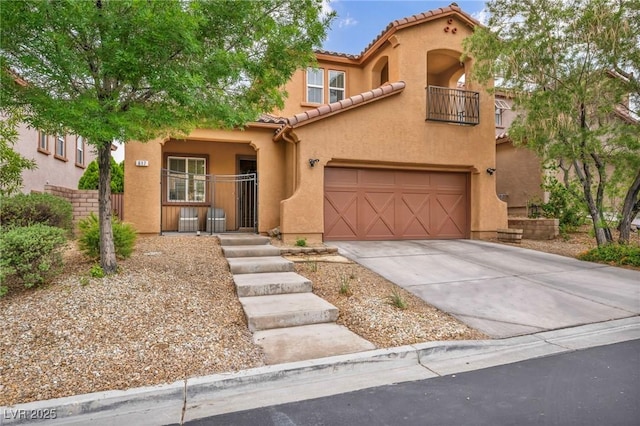 617 Apricot Rose Pl, Las Vegas, NV 89138 - mediterranean / spanish-style home featuring a tiled roof, stucco siding, a balcony, concrete driveway, and a porch