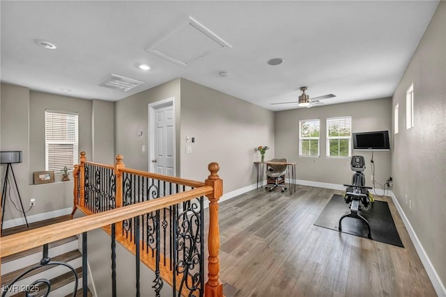617 Apricot Rose Pl, Las Vegas, NV 89138 - workout room with wood finished floors, baseboards, recessed lighting, a ceiling fan, and attic access