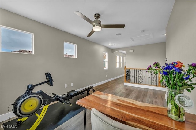 617 Apricot Rose Pl, Las Vegas, NV 89138 - exercise room with a ceiling fan, baseboards, wood finished floors, and attic access
