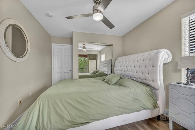 bedroom featuring multiple windows, wood finished floors, ceiling fan, and a closet