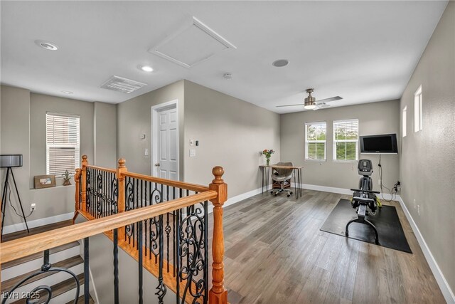 617 Apricot Rose Pl, Las Vegas, NV 89138 - exercise area with wood finished floors, a ceiling fan, recessed lighting, and attic access