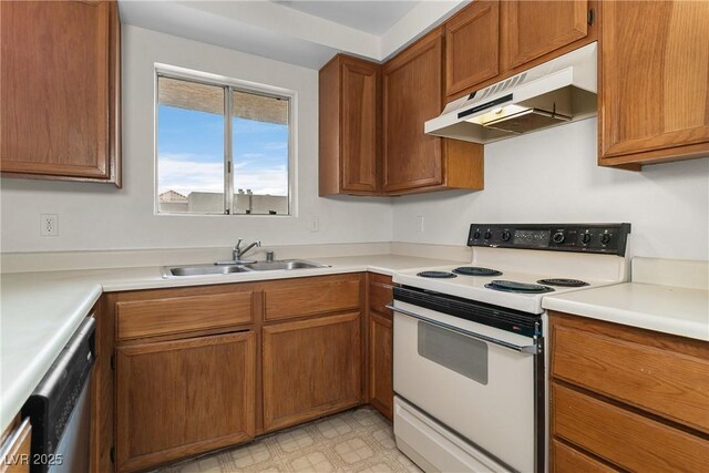 2232 Aspen Mirror Way Unit 202, Laughlin, NV 89029 - kitchen with white range with electric stovetop, under cabinet range hood, a sink, dishwasher, and brown cabinets