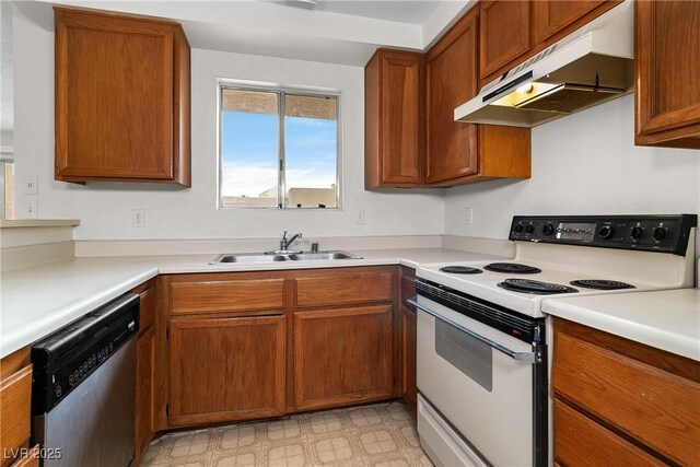 2232 Aspen Mirror Way Unit 202, Laughlin, NV 89029 - kitchen with white range with electric stovetop, stainless steel dishwasher, under cabinet range hood, a sink, and plenty of natural light