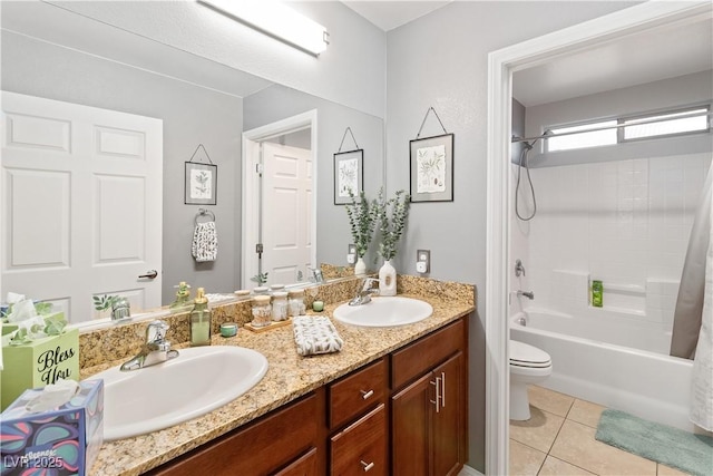 2213 Chandler Ranch Pl, Laughlin, NV 89029 - bathroom featuring tile patterned floors, double vanity, toilet, and shower / tub combo with curtain