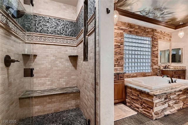 7501 Midnight Rambler St, Las Vegas, NV 89149 - bathroom featuring a stall shower, crown molding, a bath, and vanity