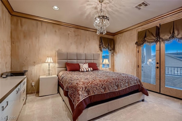7501 Midnight Rambler St, Las Vegas, NV 89149 - carpeted bedroom with access to exterior, crown molding, a chandelier, baseboards, and recessed lighting