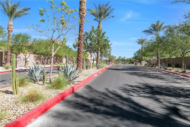view of asphalt street with curbs