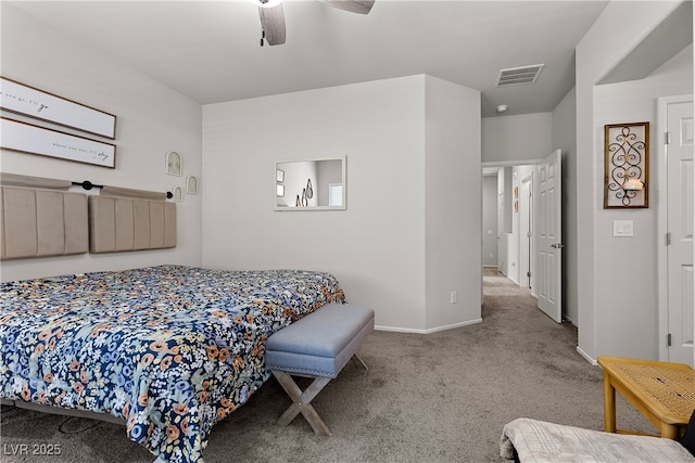 bedroom featuring carpet, baseboards, and a ceiling fan