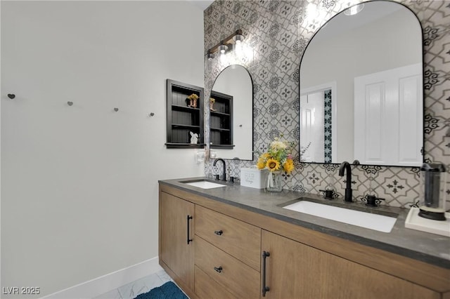 7211 Heggie Ave, Las Vegas, NV 89131 - full bathroom featuring baseboards, decorative backsplash, and double vanity